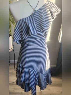 Halston Heritage One-Shoulder Ruffle Stripe Dress in Blue and White